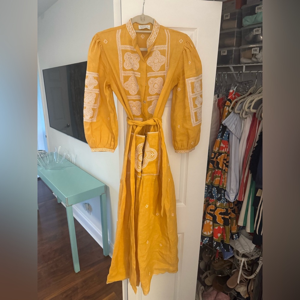 ASHA Mango Colored button up, tie waist dress - Picture 3 of 5